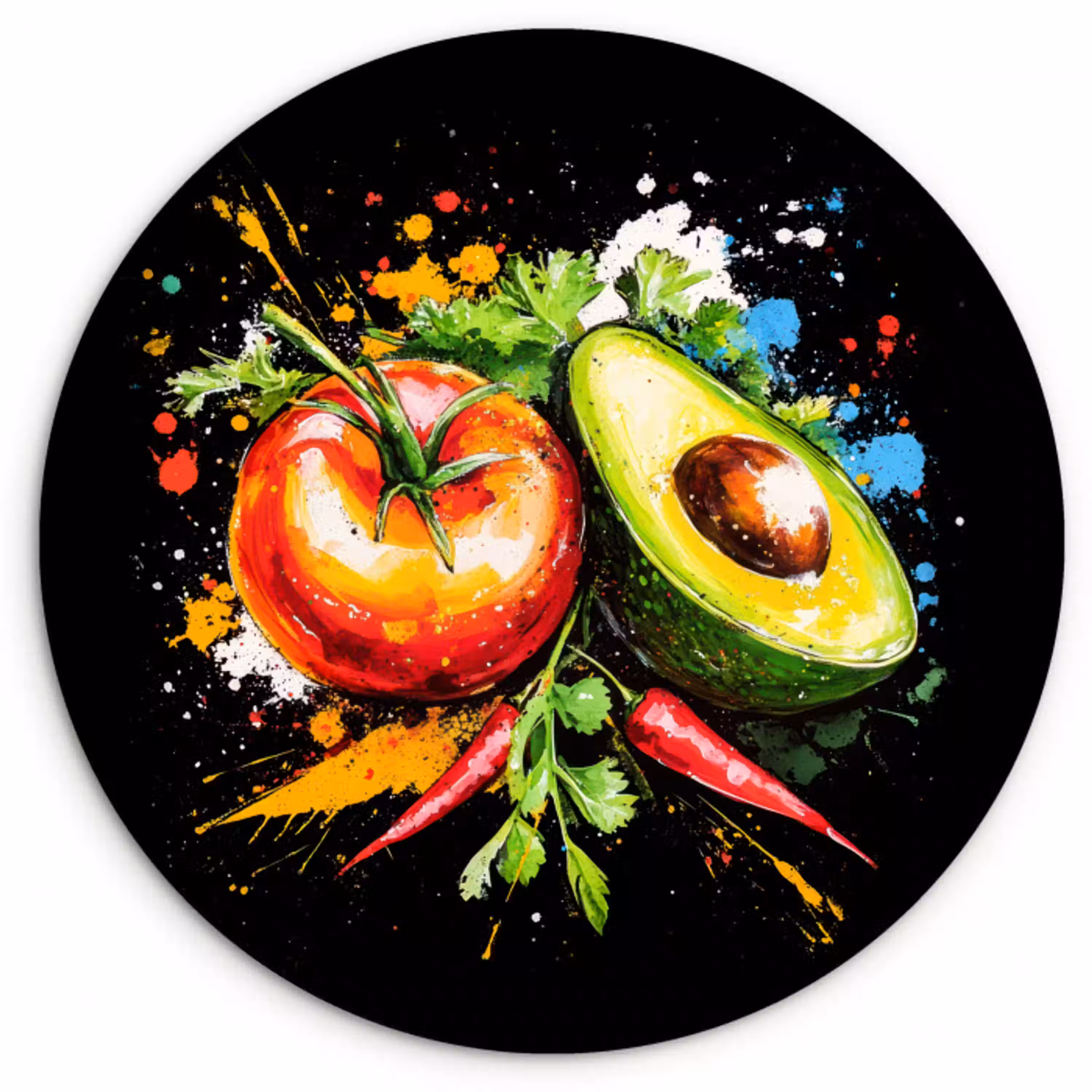 Tomaat - Avocado - Peper - Graffiti - Verf - Modern Wandcirkel kunststof plaat 5mm dik klein -3d