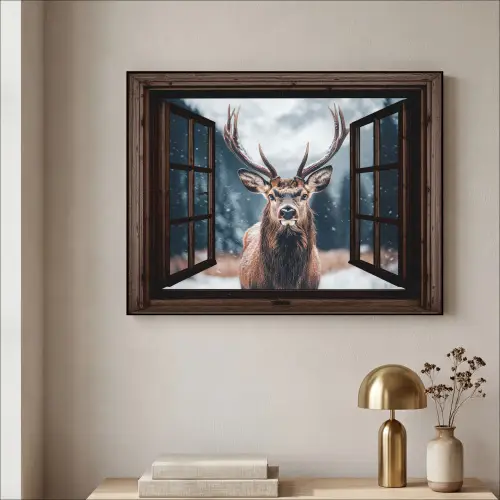 Doorkijk - Hert - Dieren - Landschap - Winter - Sneeuw - Landelijk Textielframe zwart klein -sfeer2