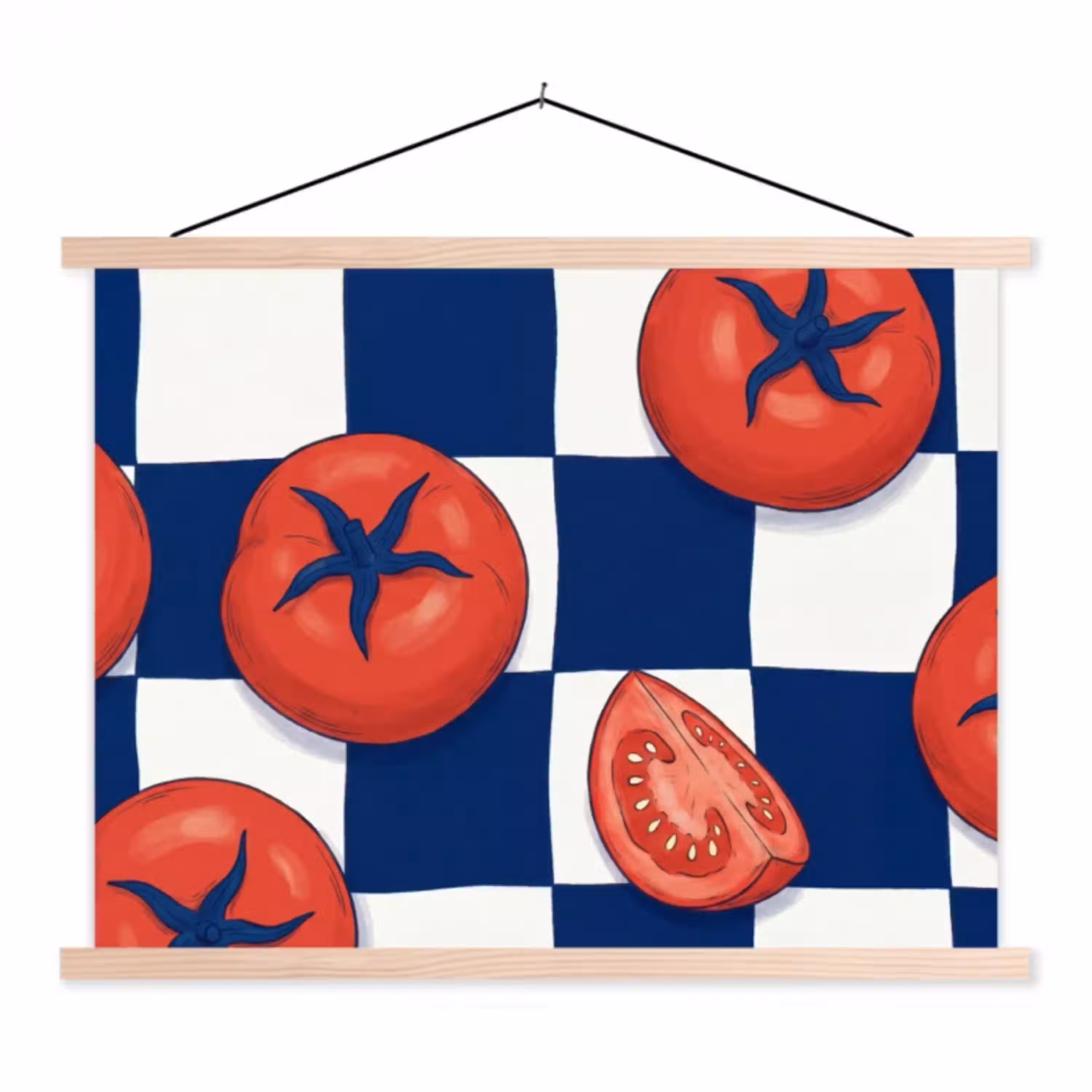 Eten - Tomaten - Keuken - Illustratie - Rood-Blauw textielposter latten blank klein -3d