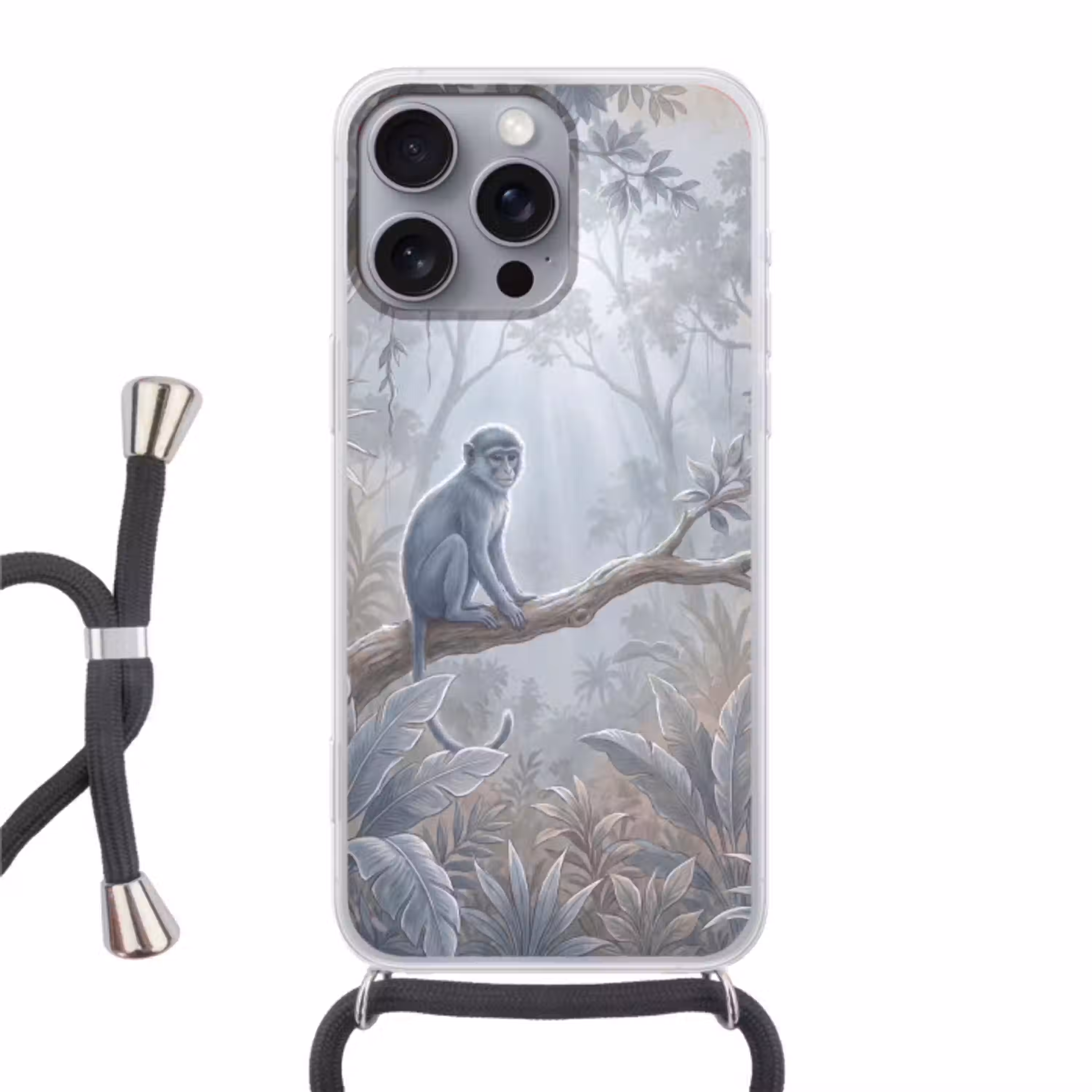 Aap - Boom - Jungle - Natuur - Grijs Hoesje iPhone 16 Pro Max met koord klein -3d