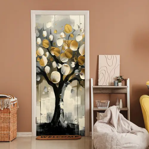 Boom - Abstract - Beige - Goud - Zwart deurposter klein -sfeer1