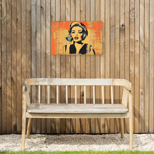 Retro - Vrouw - Koptelefoon - Oranje Tuinposter op houten frame 2 cm dik klein -sfeer4