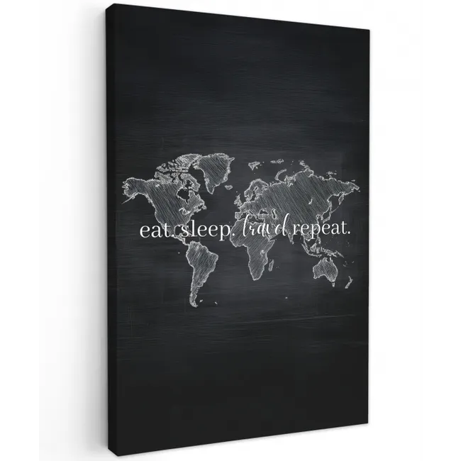 Wereldkaart - Krijt - Quote - Zwart Tuinposter op houten frame 2 cm dik middel -3d