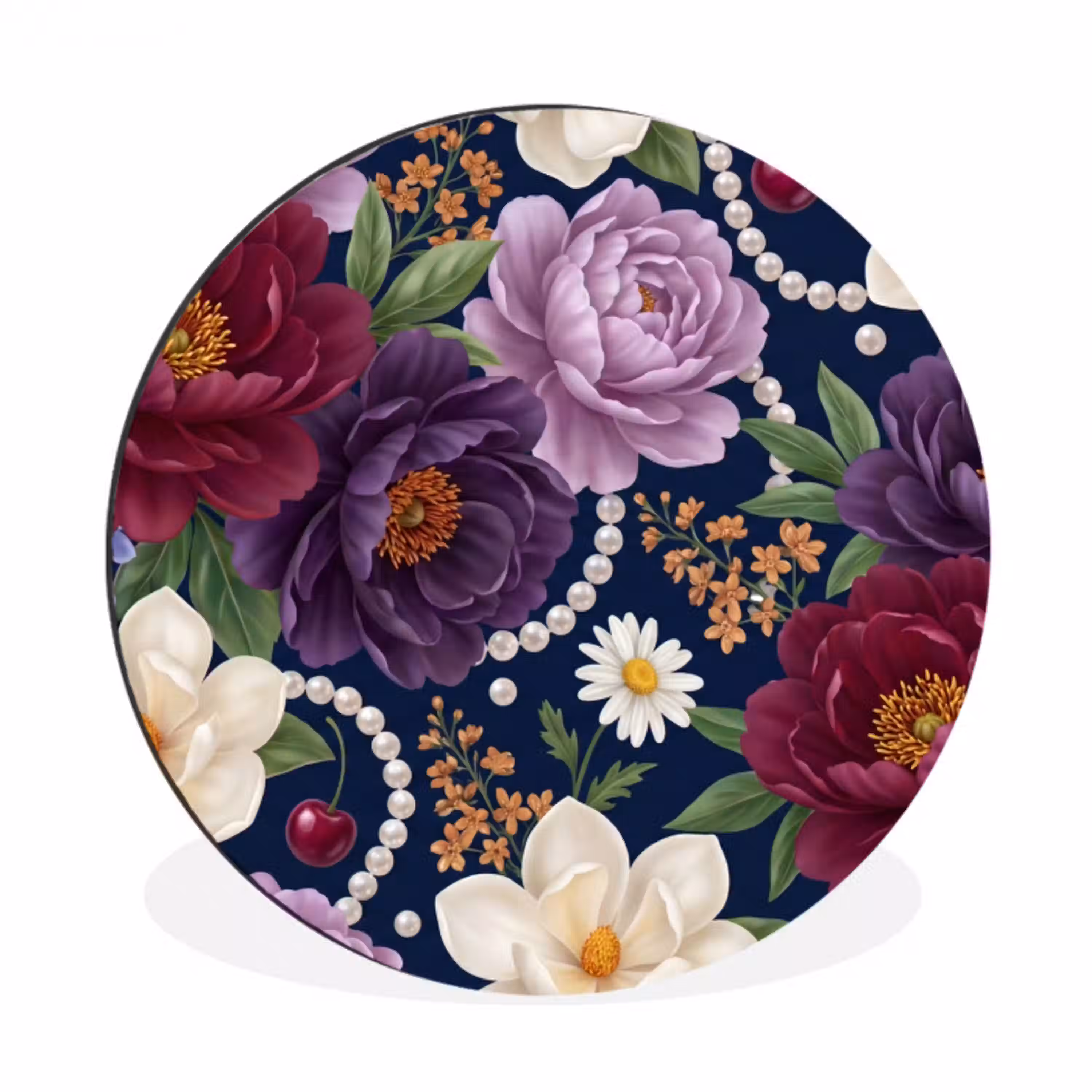 Bloemen - Parels - Decoratie - Modern - Blauw Wandcirkel aluminium klein -3d