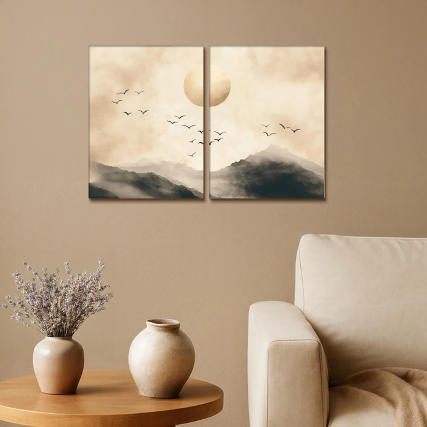 Landschap - Japandi - Beige - Vogels Canvas - Meerluiken 2 luik klein -sfeer1