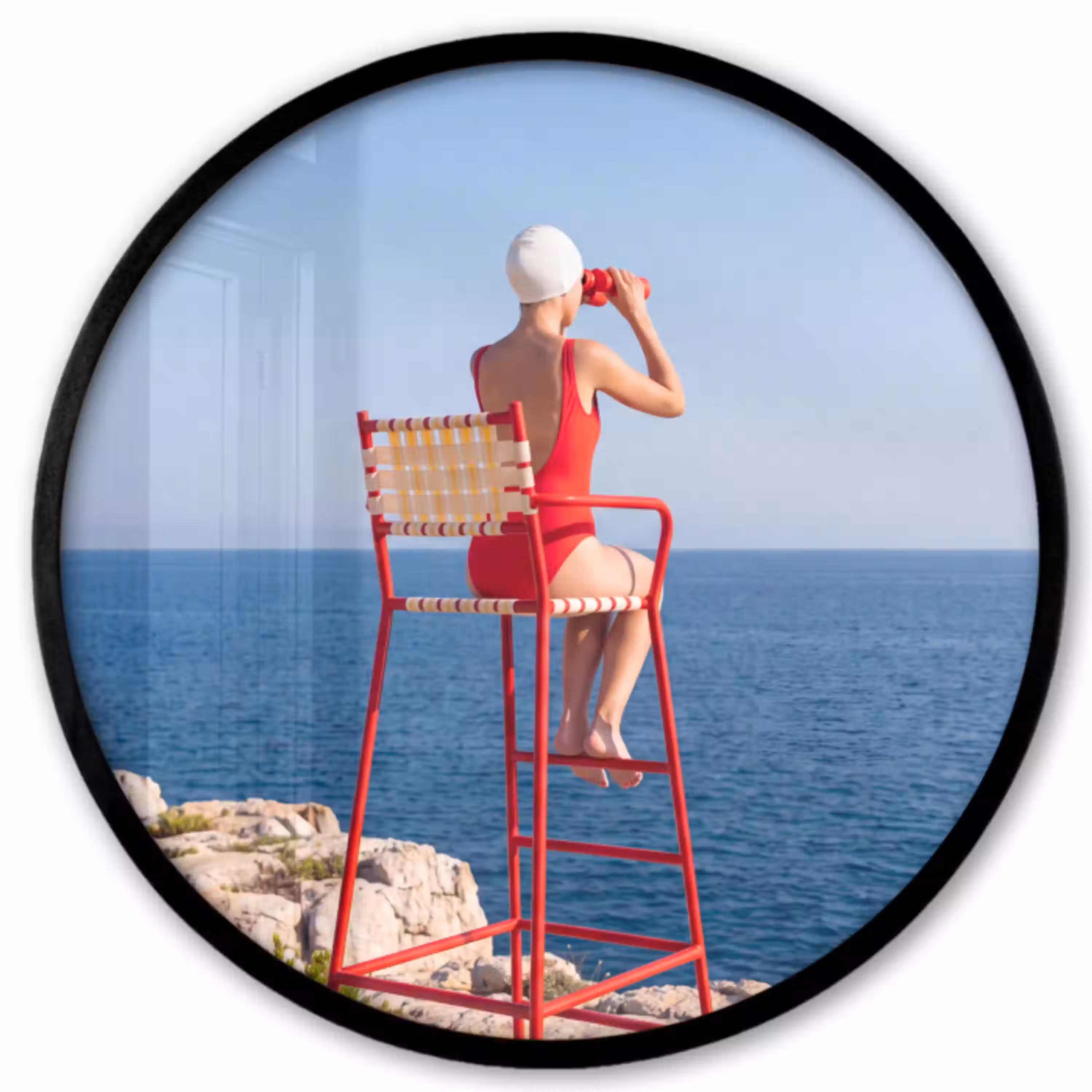 Vrouw - Zee - Kust - Verrekijker - Rood Fotolijst rond zonder passe partout klein -3d