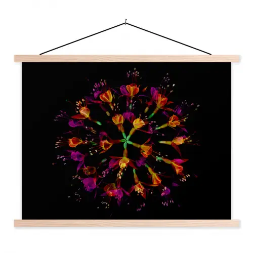 Bloemen - Oranje - Roze - Zwart textielposter latten blank klein -3d