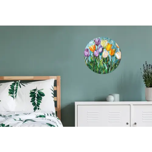 Mozaïek - Veld - Tulpen - Kleurrijk Wandcirkel aluminium klein -slaapkamer
