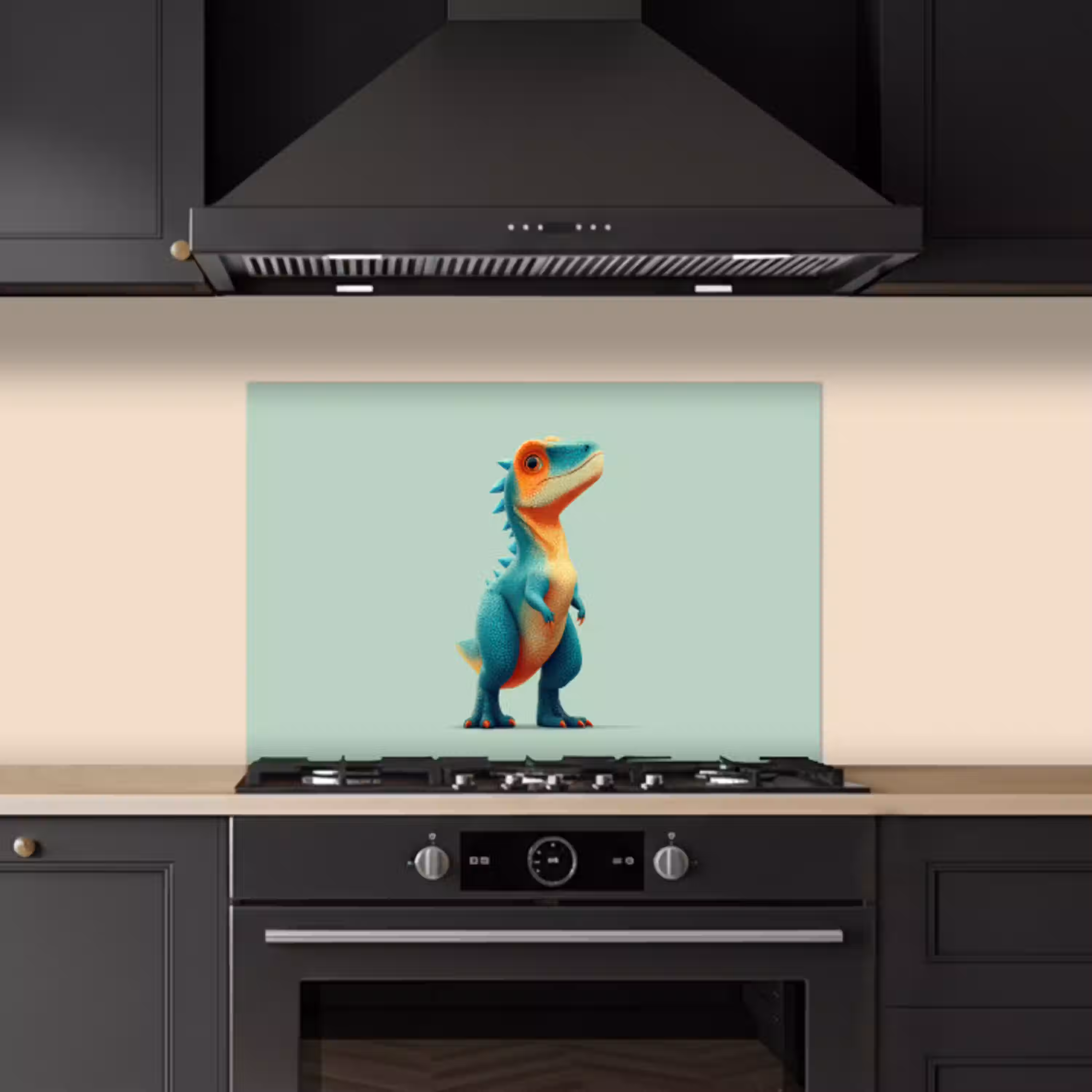 Cartoon - Dino - Oranje - Stekels keuken achterwand spatscherm klein -sfeer1