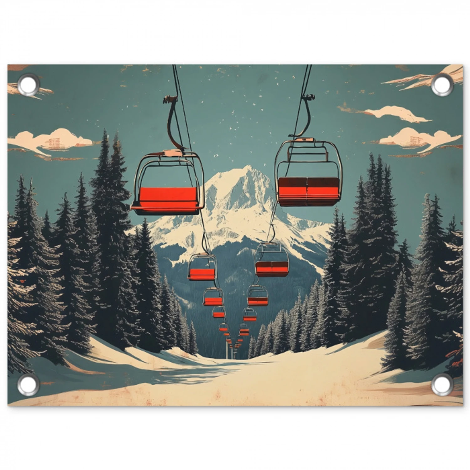 Sneeuw - Skilift - Rood - Bomen tuinposter los doek klein -3d