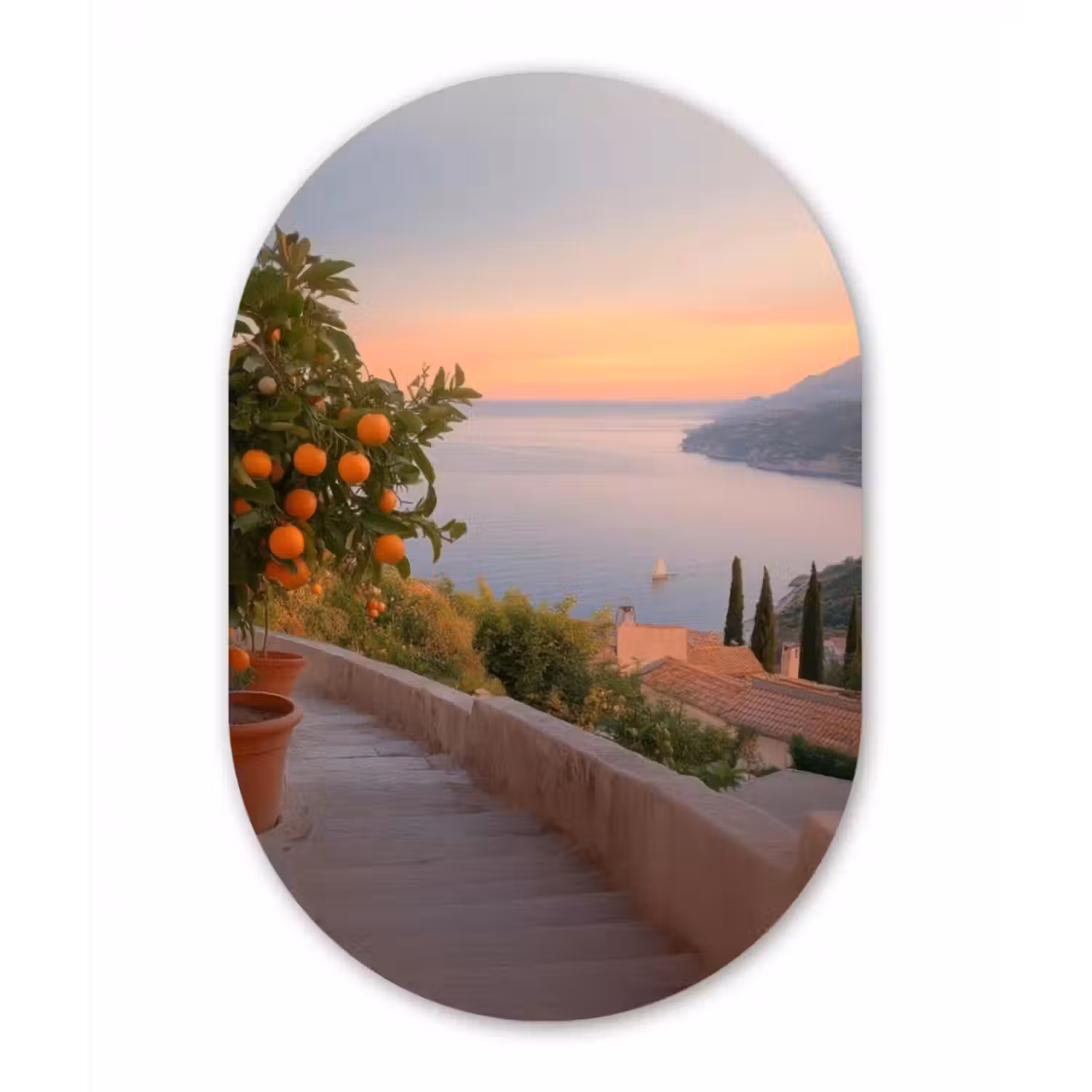 Glasbild Oval - Mittelmeer - Orange - Hügel - Meer