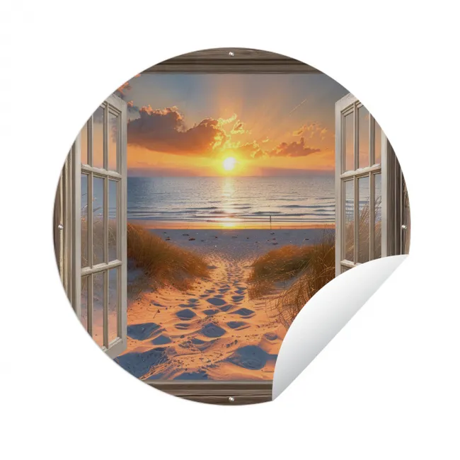 Tuinposter - Doorkijk - Strand - Duinen - Zonsondergang