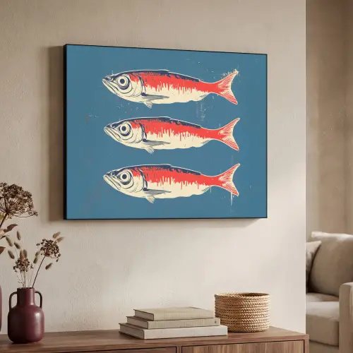 Vissen - Rood - Blauw Textielframe zwart klein -sfeer3