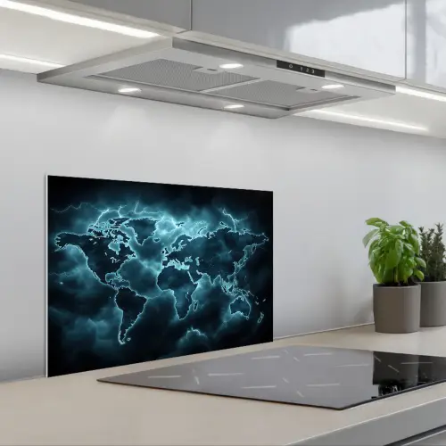 Wereldkaart - Bliksem - Blauw keuken achterwand spatscherm klein -3d_schuin