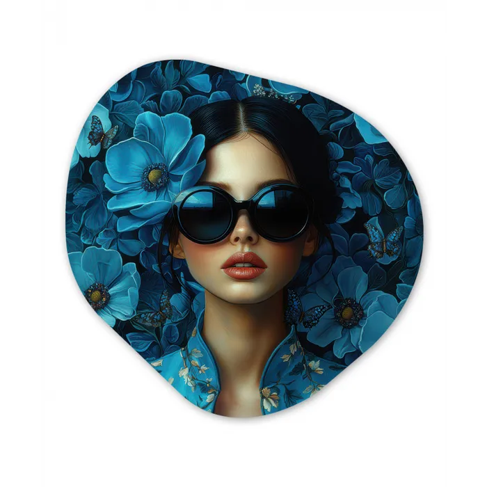 Vrouw - Bloemen - Blauw - Aesthetic - Luxe Wandcirkel Organisch Plexiglas middel -3d