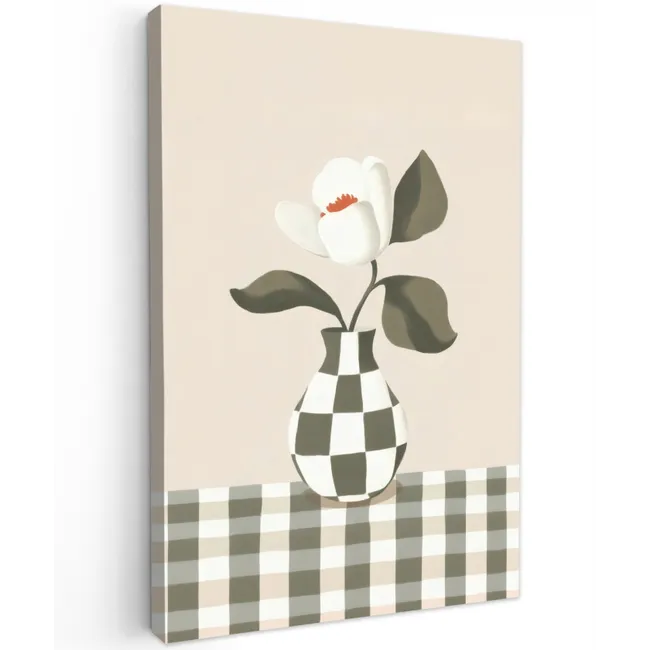 Vaas - Geruit - Groen - Bloem Tuinposter op houten frame 2 cm dik klein -3d