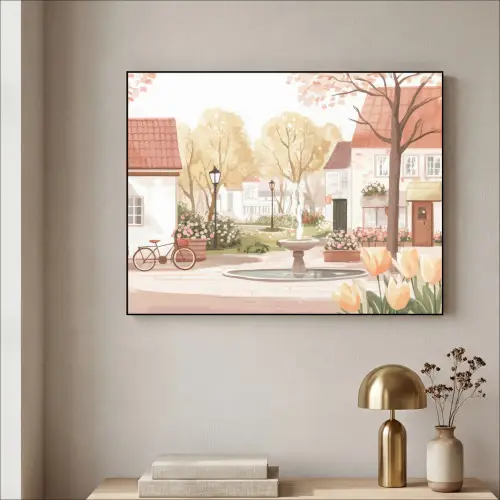 Dorpsplein - Fontein - Tulpen Textielframe - compleet frame klein -sfeer2