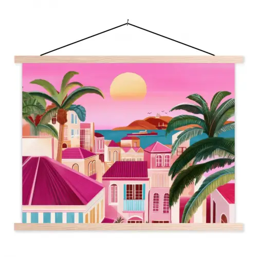 Stad - Roze - Palmbomen textielposter latten blank klein -3d