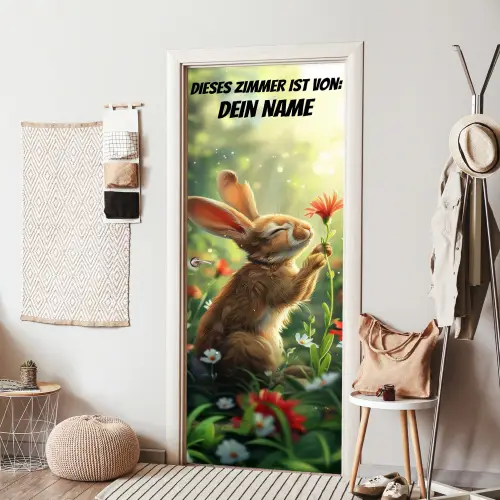 Süßer Hase mit Blume und Namensfeld. deurposter klein -sfeer6