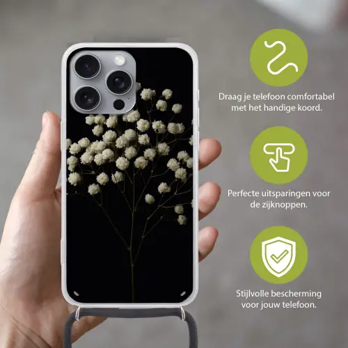 Gipskruid - Bloemetjes - Wit - Minimalistisch Hoesje iPhone 16 Pro Max met koord klein -sfeer2_NL
