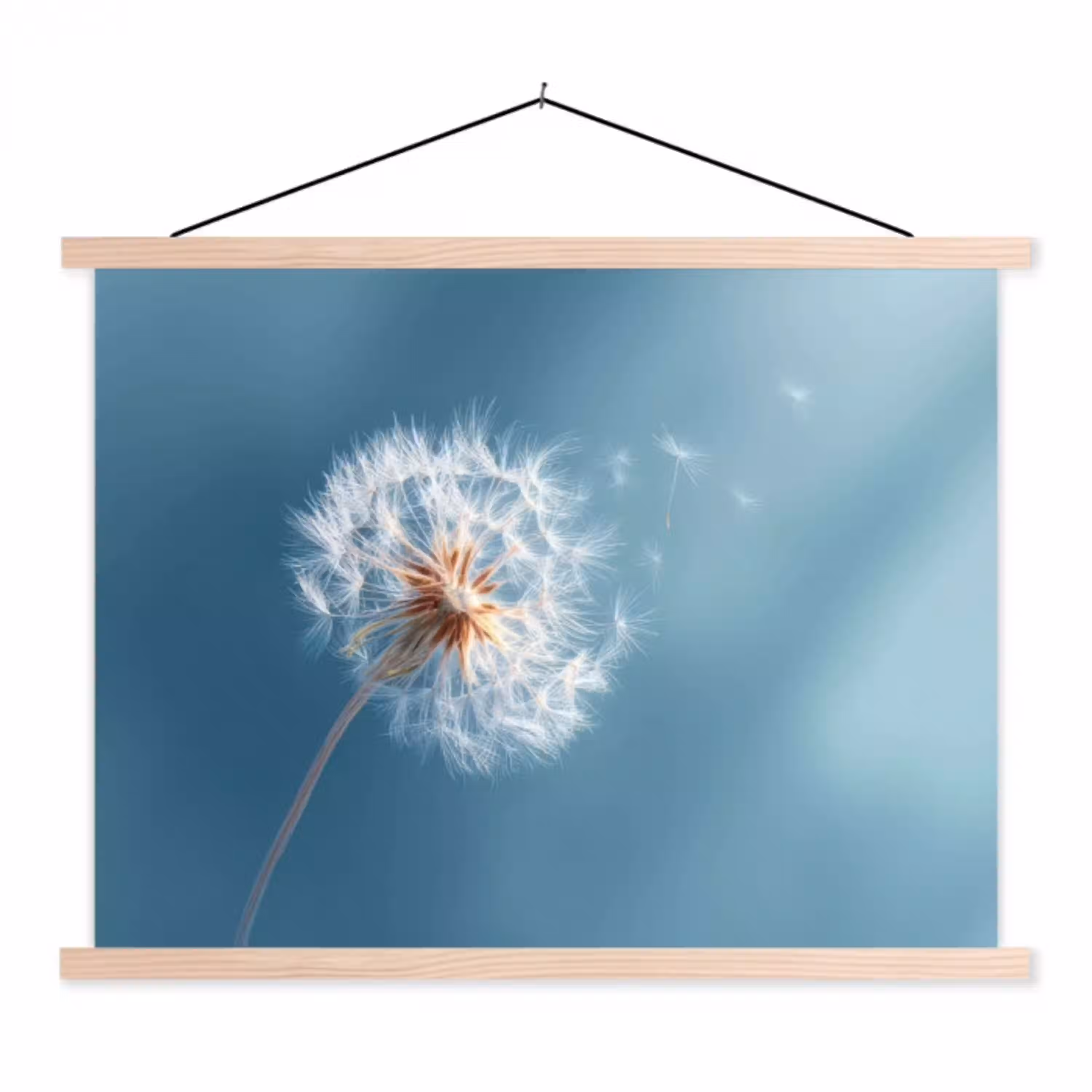 Paardenbloem - Wind - Blauw textielposter latten blank klein -3d