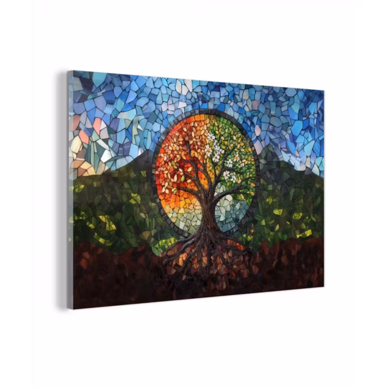 Glasbild - Baum - Jahreszeiten - Mosaik - Berge