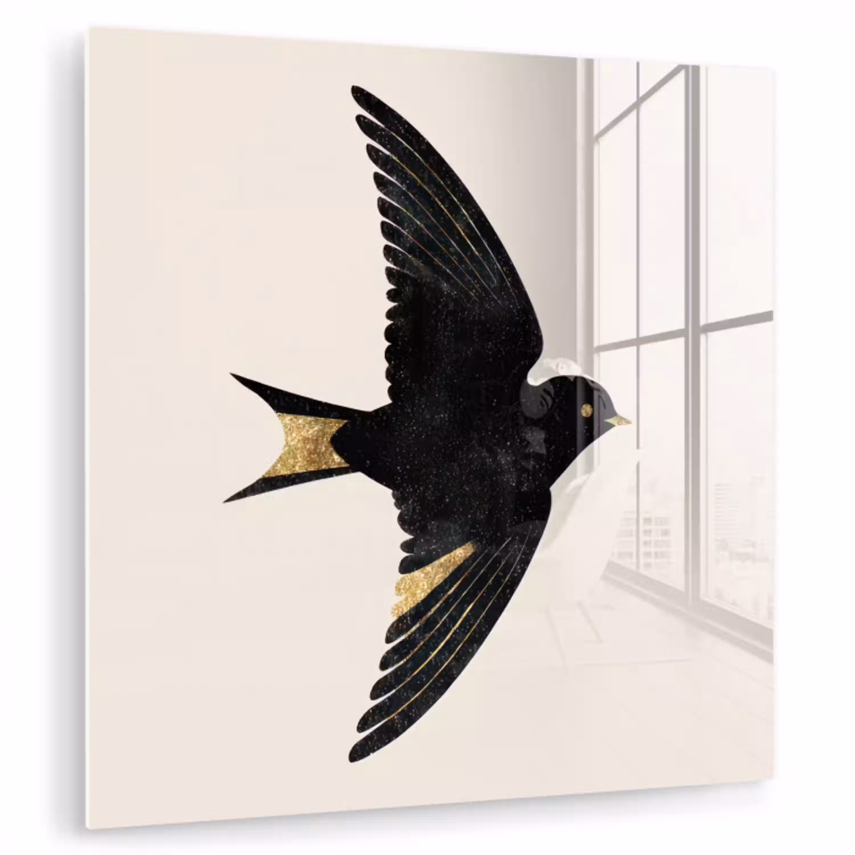 Zwarte zwaluw - Gouden accenten - Lichte achtergrond plexiglas 5mm klein -zzzproduct_nieuw