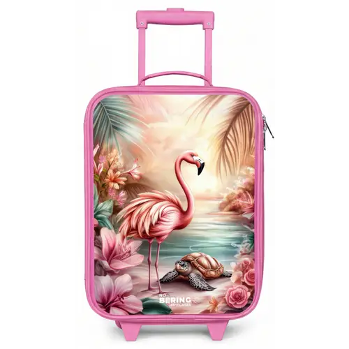 Flamingo en schildpad op een roze strand. Kinderkoffer - Roze klein -zz3dotto