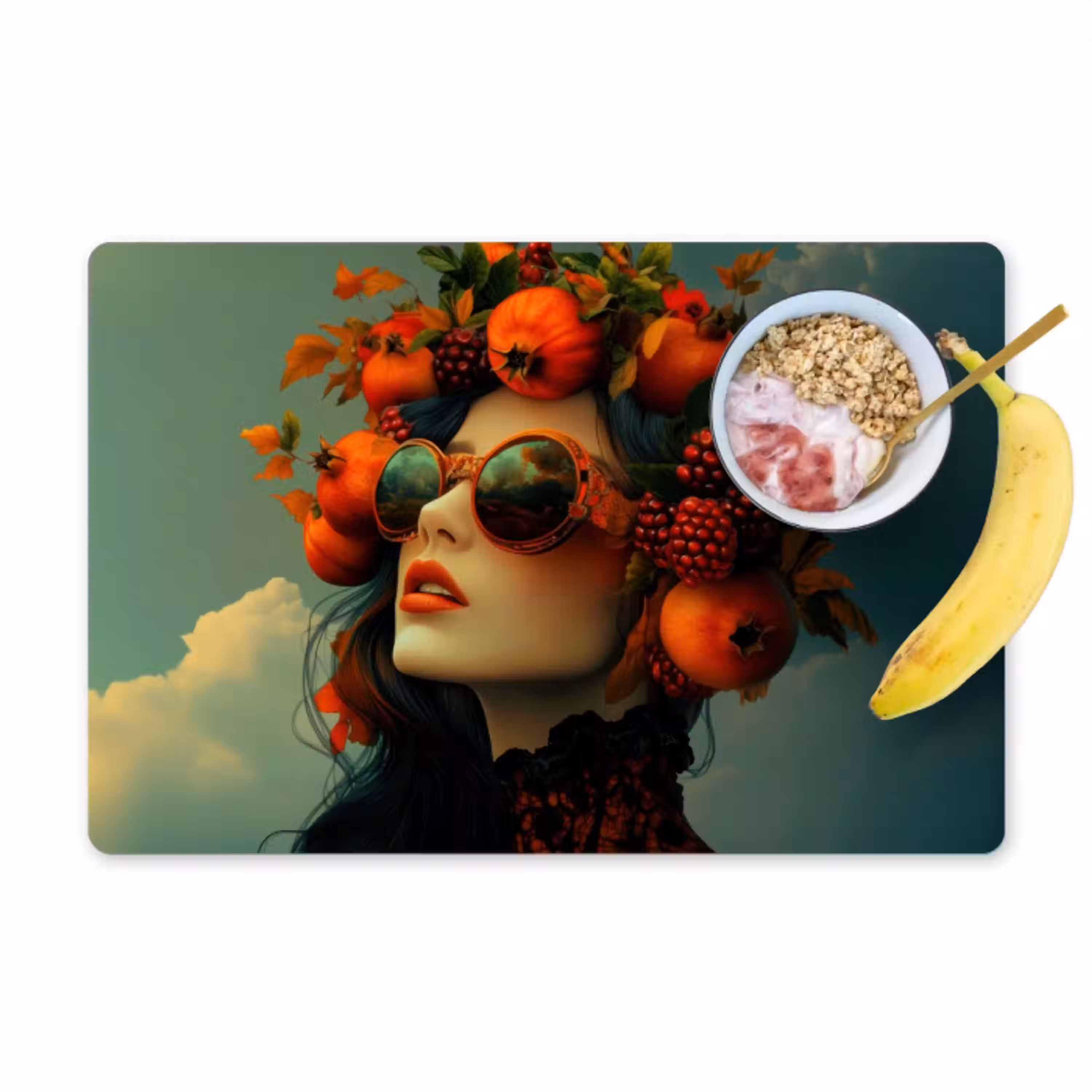Vrouw - Granaatappel - Herfst - Zonnebril Placemat vinyl groot -zzzproduct_Kitchenyeah-website