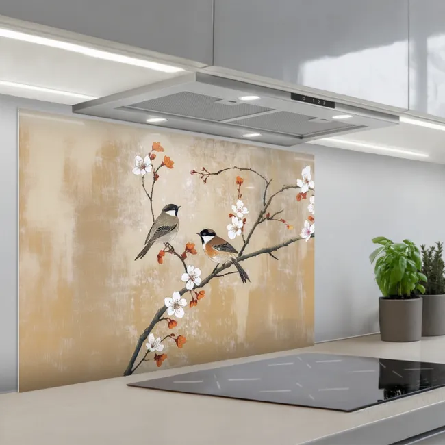 Kitchen Splashback - Birds - Blossom branch - Flowers - Orange
