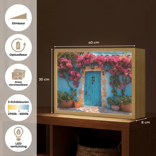 Deur - Hout - Bloemen - Blauw Light Box met batterij (Wandlamp) middel -USP_websiteoverzichtNL