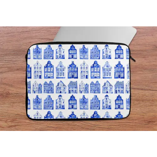 Patroon - Huizen - Blauw laptophoes neopreen klein 279 -tafel