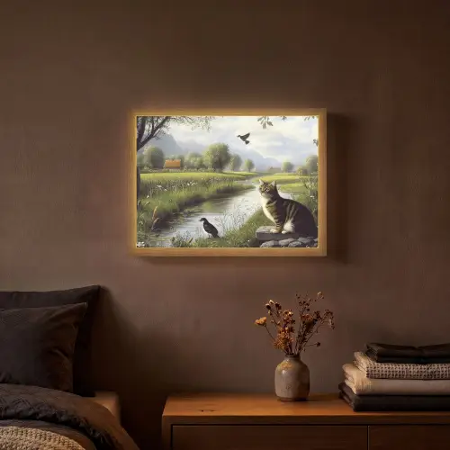 Kat - Beekje - Weide Light Box met batterij (Wandlamp) middel -sfeer4