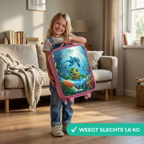Schildpad en dolfijn in blauwe oceaan Kinderkoffer - Roze klein -sfeer2_NL
