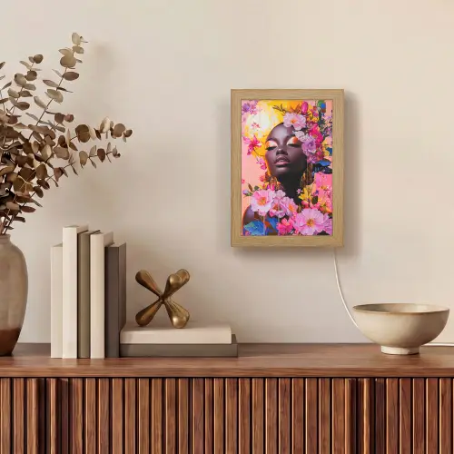 Kleurrijk - Bloemen - Vrouw - Zon Light Box met kabel (Tafellamp) klein -sfeer2