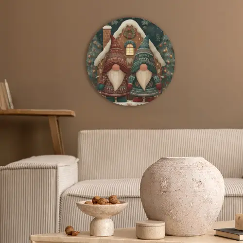 Kerst - Gnomen - Peperkoekhuisje - Rood - Groen Akoestische PET Vilt - Rond klein -sfeer1