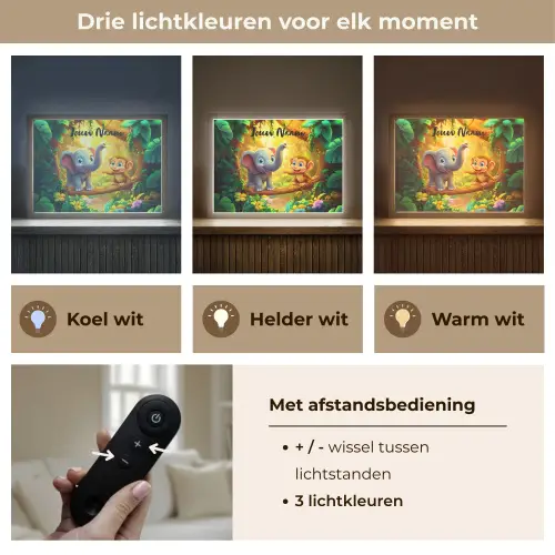 Olifant - Appje - Jungle - Kleurrijk Light Box met batterij (Wandlamp kind) middel -USP_lichtkleurNL