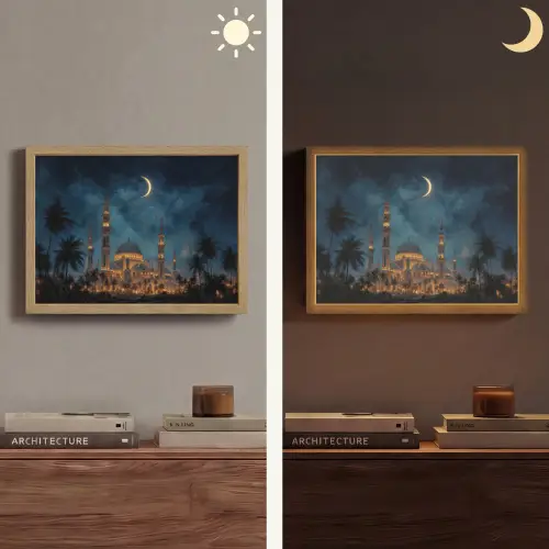 Sterrenhemel - Maan - Palmbomen - Moskee Light Box met batterij (Wandlamp) middel -sfeer3