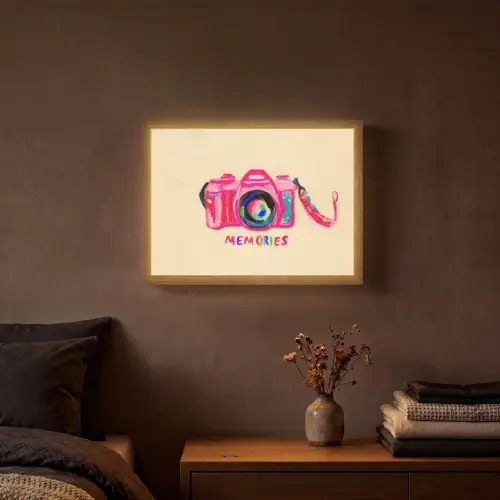 Camera - Memories - Roze - Geschilderd Light Box met batterij (Wandlamp) middel -sfeer4