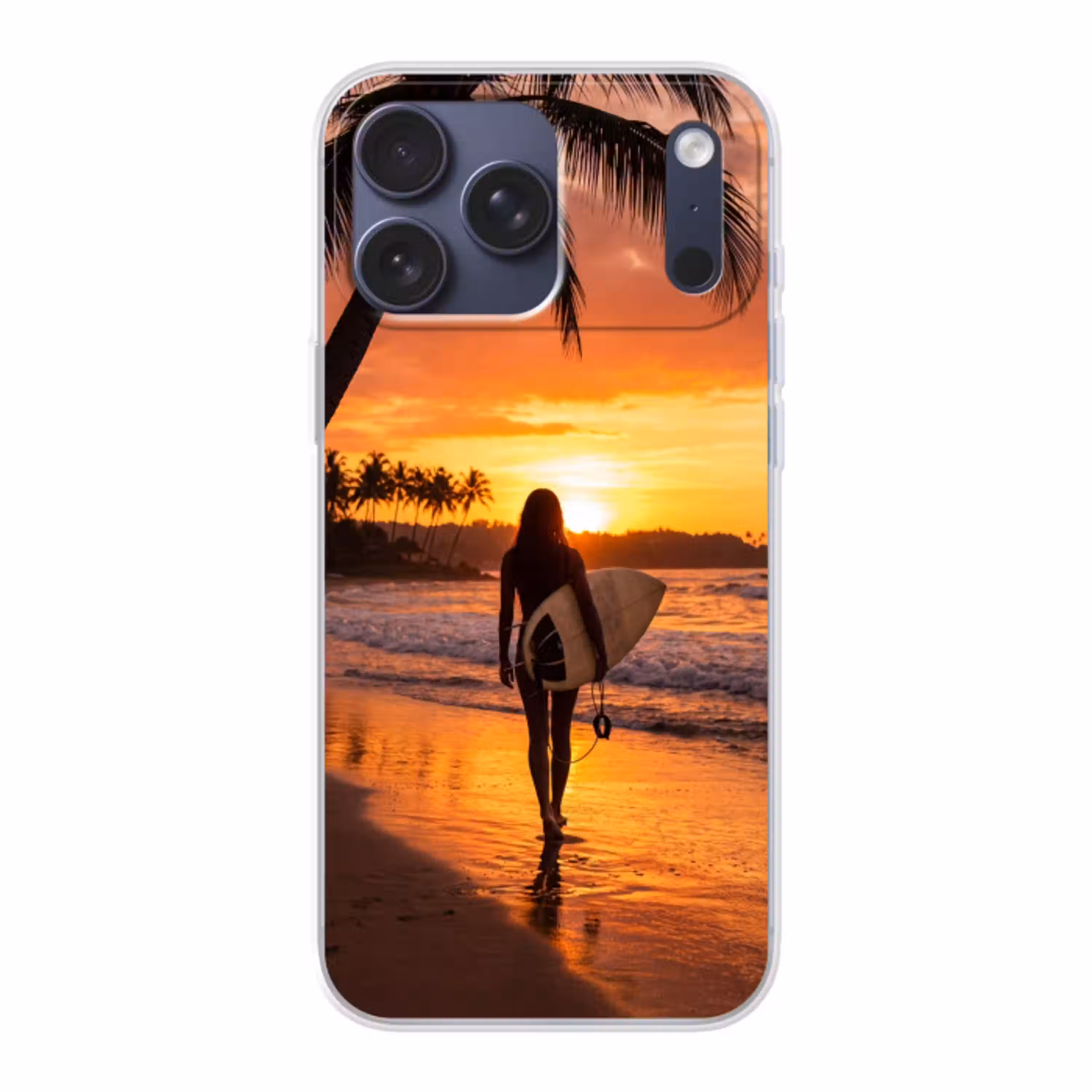 Vrouw - Surfplank - Strand - Zonsondergang - Oranje Telefoonhoesje iPhone 17 Pro Max klein -3d