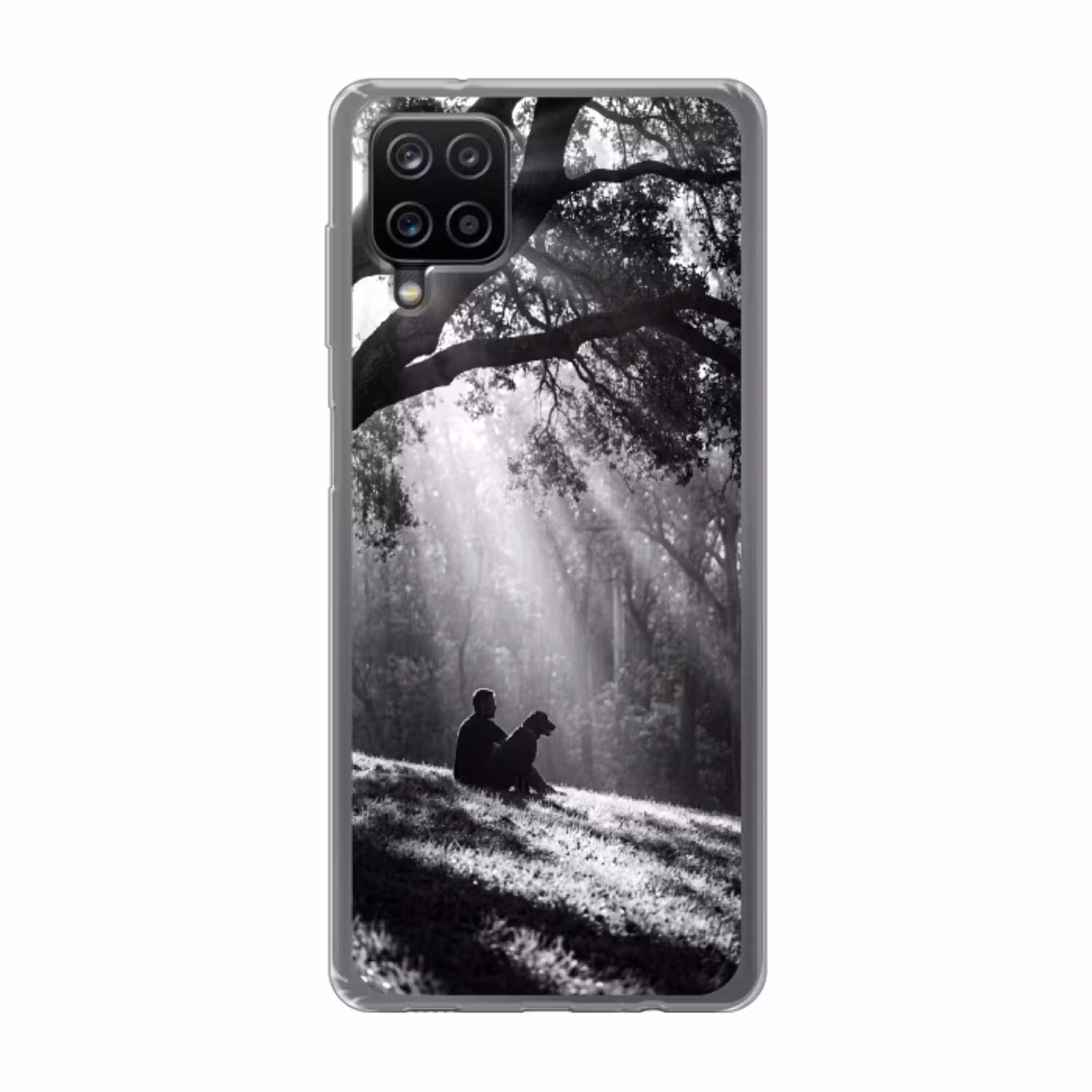 Mens - Hond - Natuur - Zwart-wit - Silhouet Telefoonhoesje Samsung Galaxy A12 klein -3d