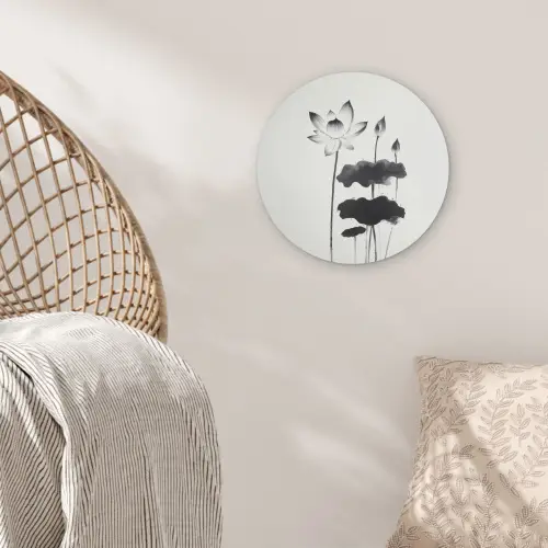 Bladeren - Zwart - Lotusbloem - Minimalitisch Akoestische PET Vilt - Rond klein -sfeer4