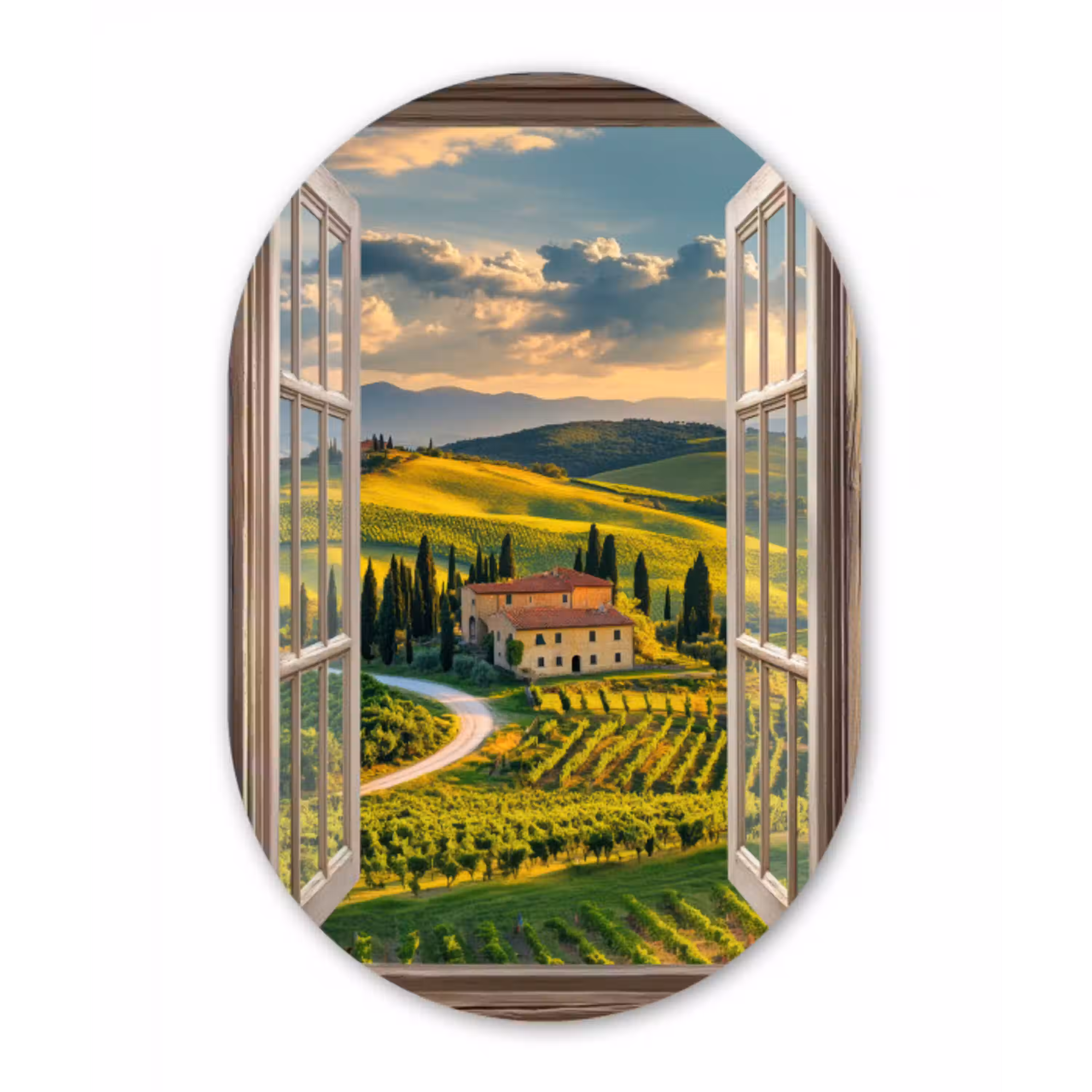 Doorkijk - Toscane - Uitzicht - Landschap - Zomer Wandcirkel Ovaal Glas middel -3d