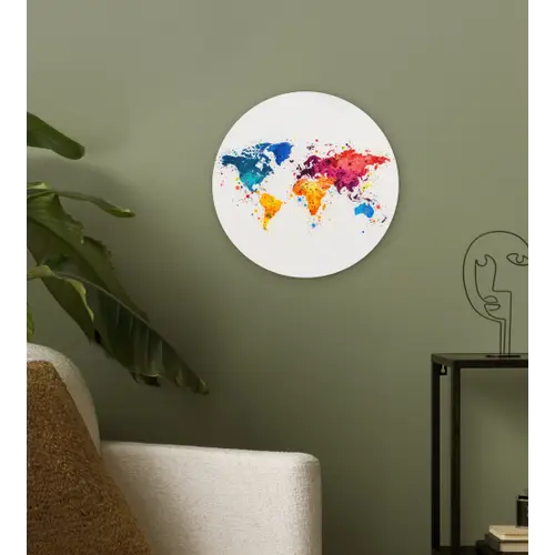 Wereldkaart - Graffiti - Kleurrijk Wandcirkel kunststof plaat 5mm dik klein -sfeer3