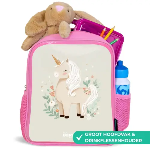 Eenhoorn tussen bloemen in beige kleuren Kinderrugzak - Roze middel -inhoud_NL