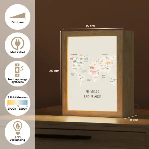 Wereldkaart - Kinderen - Jongens - Dino - Quote Light Box met kabel klein -USP_NL