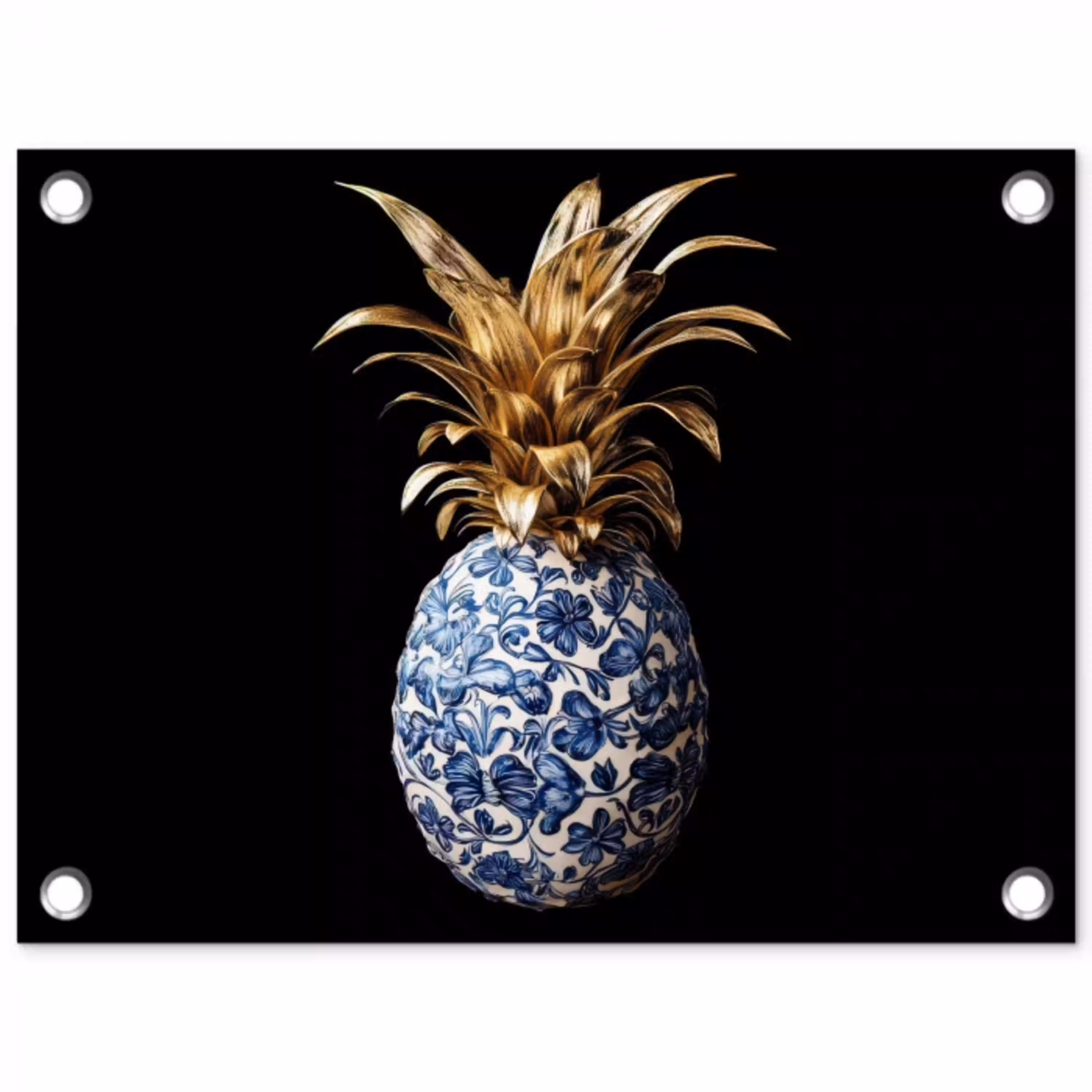 Ananas - Bloemen patroon - Goud - Delftsblauw tuinposter los doek klein -3d