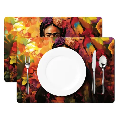 Vrouw - Bloemen - Papegaai - Schilderachtig Placemat vinyl groot -zzsfeer2_Kitchenyeah-website