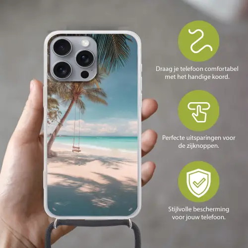Palmboom - Schommel - Strand - Lucht Hoesje iPhone 16 Pro Max met koord klein -sfeer2_NL