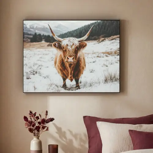 Schotse Hooglander - Landschap - Sneeuw - Bergen - Winter Textielframe zwart klein -sfeer1